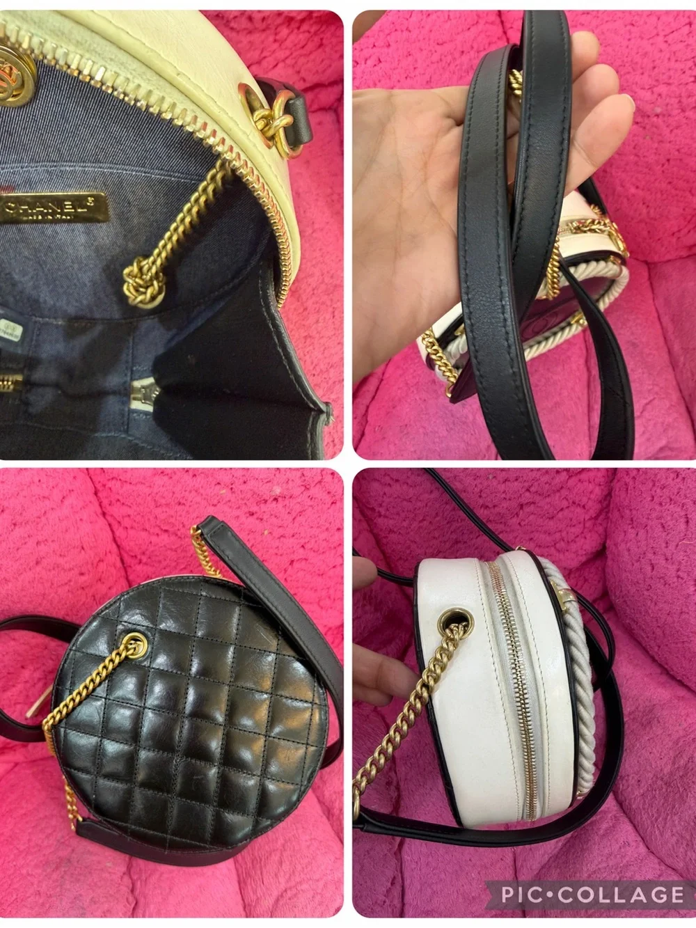 CHANEL Black Round Leather Crossbody with Cream Rope and Gold Hardware